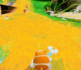a cartoon character is walking through a field of yellow flowers