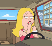 a cartoon of a woman smoking a cigarette while applying lipstick