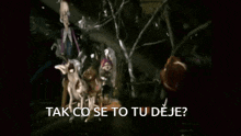 a group of cartoon characters are standing in a dark room with the words tak co se to tu deje written on the bottom