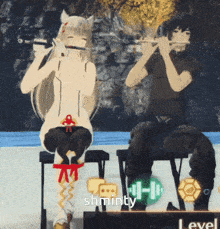 a girl playing a flute next to a man playing a flute with the word shminty on the bottom right