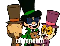 three cartoon characters wearing top hats and glasses with the words ch fanclub written on the bottom
