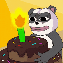 a cartoon drawing of a panda holding a birthday cake with a lit candle