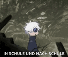 a cartoon of a boy wearing sunglasses is standing in front of a pile of bones .