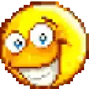 a pixel art illustration of a smiley face with a surprised look on his face .