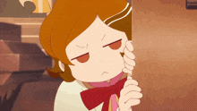 a cartoon girl with brown hair and a red bow tie is making a funny face