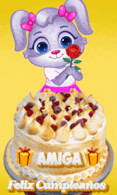 a birthday cake with the word amiga on it and a bunny holding a rose