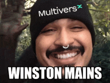 a man wearing a beanie that says " multivers " on it