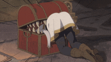 a cartoon of a person crawling into a chest