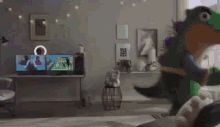 a person is playing a video game in a living room with a remote control .