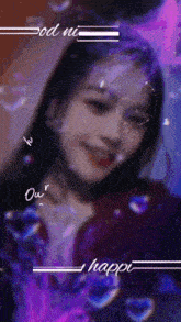 a blurry picture of a woman with the words " od ni " and " our happy " on the bottom