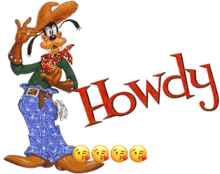 a picture of goofy in a cowboy outfit with the word howdy in red