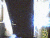 a door with a light coming through it and a plant in the background