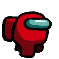 a red among us character with a blue head and a black outline is walking on a white background .