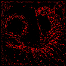 a black background with red dots and a circle in the middle