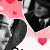 a black and white photo of a woman and a man surrounded by pink hearts