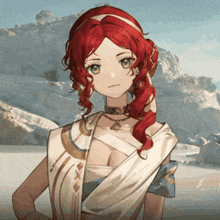 a girl with red hair is wearing a white and blue outfit