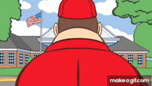 a cartoon of a man in a red hat standing in front of a building with an american flag