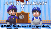 two cartoon characters are standing next to each other in front of a door in a room .