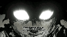 a black and white drawing of a monster with glowing eyes and mouth .