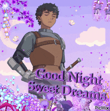 a pixel art of a man holding a sword with the words good night sweet dreams below him
