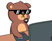 a cartoon of a teddy bear wearing sunglasses using a computer mouse