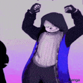 a drawing of a skeleton wearing a blue and black jacket with a hoodie