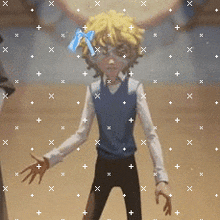 a boy with blonde hair and a blue bow on his head is standing in front of a group of people .