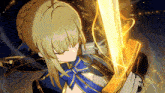 a girl with blonde hair is holding a sword in her hand