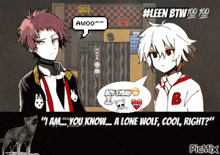 two anime characters talking to each other with a wolf in the background
