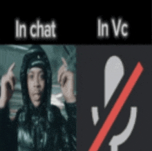 a picture of a man in a hooded jacket next to a picture of a microphone with the words in chat and in vc