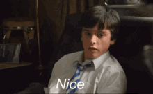 a boy in a white shirt and tie is sitting in a chair and the word nice is on the screen behind him
