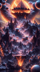 a painting of a pyramid in the middle of a mountainous area