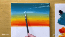 a person is painting a sunset on a canvas with a brush ..