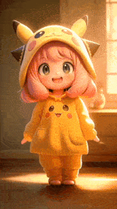 a little girl is wearing a pikachu costume and smiling