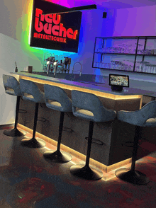 a bar with stools and a sign that says neu bucher metalltechnik