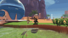 a cartoon character is standing in front of a large blue object