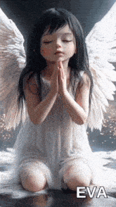 a little girl with angel wings is kneeling down with her eyes closed and the name eva above her