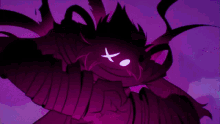 a purple monster with a x on its face is flying through the air