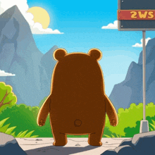 a cartoon bear standing in front of a sign that says 2ws