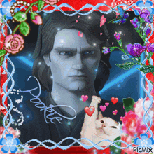 a picture of a man surrounded by flowers and hearts with the name doogie written on it