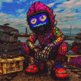 a painting of a colorful robot with a tv screen on his face