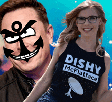 a woman wearing a shirt that says dishy mcflatface stands next to a man with an anchor on his face