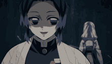 a girl with purple hair is smiling and a ghost is behind her