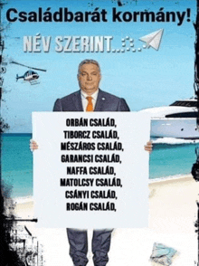 a man in a suit and tie is holding a sign that says ' csaladabarat kormany ' on it