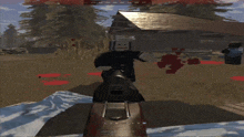 a screenshot of a video game shows a man with a smiley face on his face holding a gun