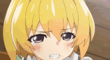a close up of a cartoon girl with yellow hair and purple eyes crying