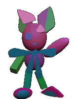 a colorful cartoon character with a blue eye and green arms and legs