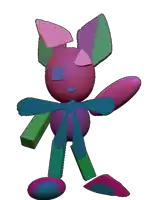 a colorful cartoon character with a blue eye and green arms and legs