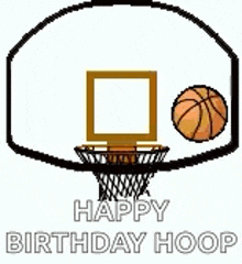 a basketball is going through a hoop with the words `` happy birthday hoop '' written on it .