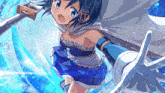 a girl in a blue dress holding a sword